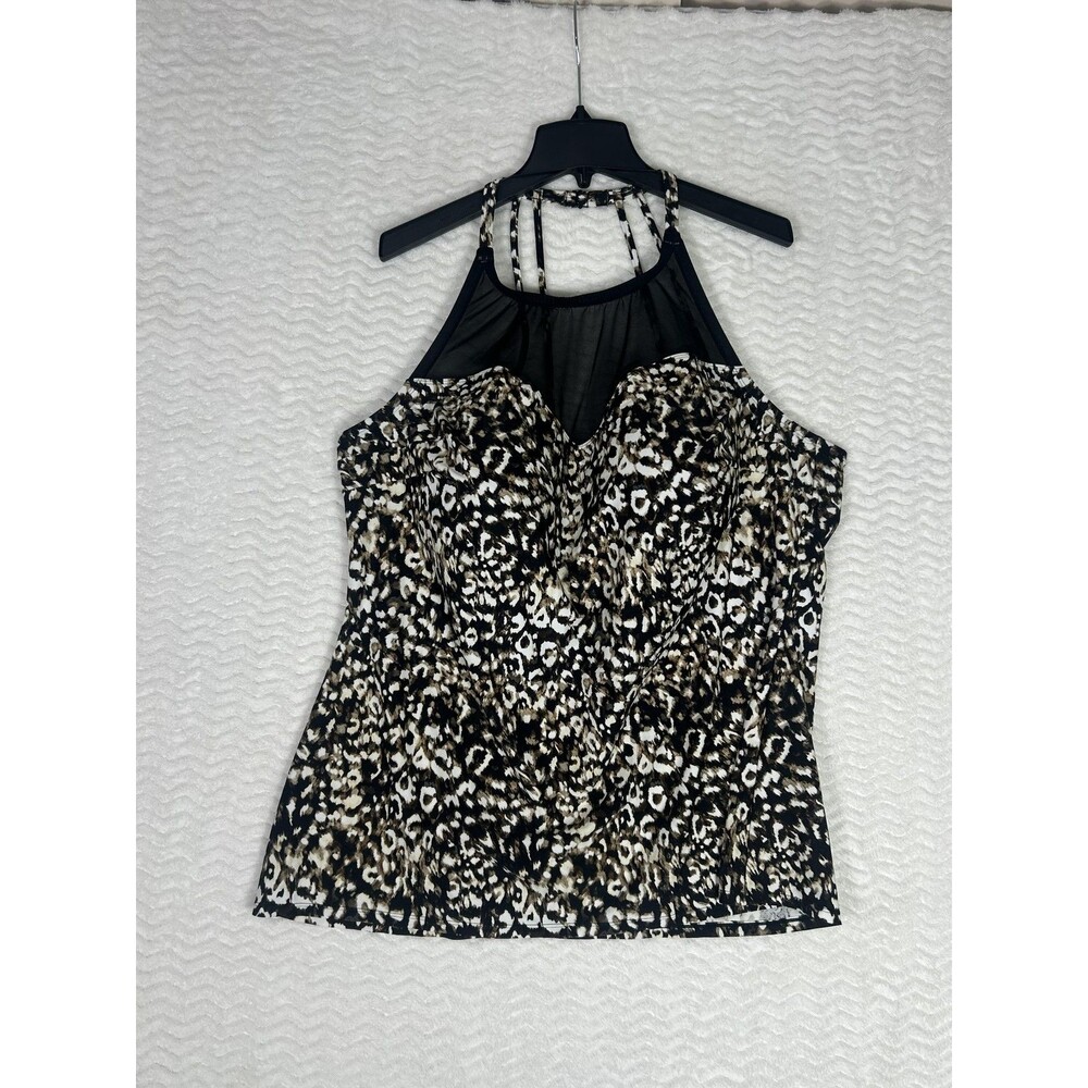 Cacique Swim Top 26 Brown Leopard Print Mesh Halter Tankini Plus Swimwear Beach